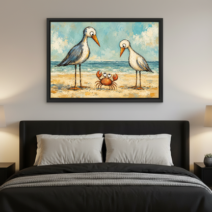 Seabirds And Crab Canvas Wall Art framed above charcoal bedding with pale pillows.