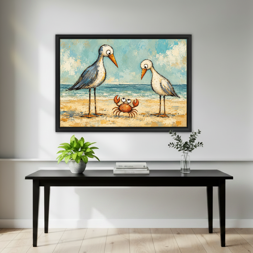 Seabirds And Crab Canvas Wall Art framed above a black console with green plants.