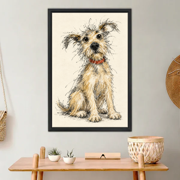 Scruffy Terrier Canvas Wall Art framed above a light wood console with cacti.