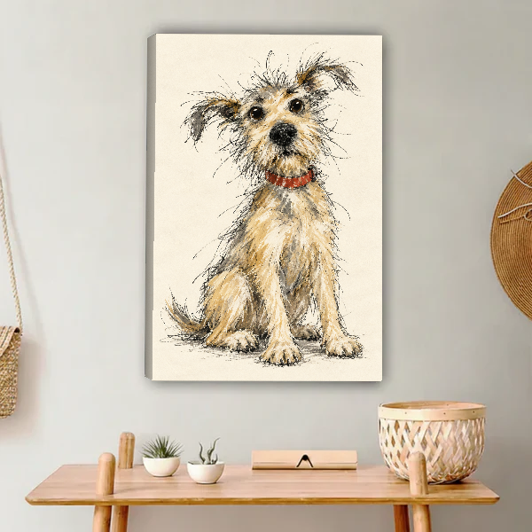 Scruffy Terrier Canvas Wall Art unframed above a light wood console and woven basket.