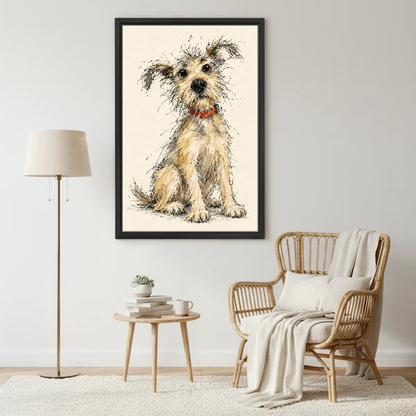 Scruffy Terrier Canvas Wall Art framed beside a wicker armchair and floor lamp.