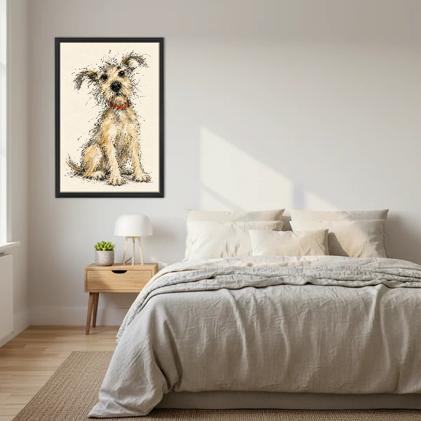 Scruffy Terrier Canvas Wall Art framed above a cream bed with wooden nightstands.