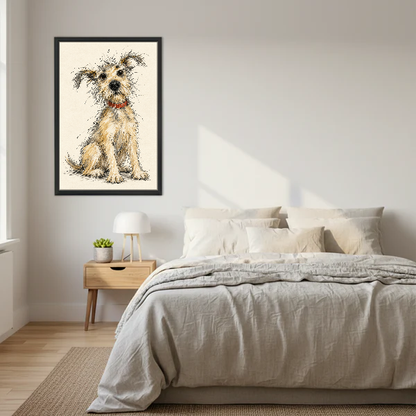 Scruffy Terrier Canvas Wall Art framed above a cream bed with wooden nightstands.