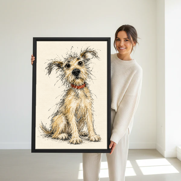 Scruffy Terrier Canvas Wall Art held in a black frame by a standing woman in white.
