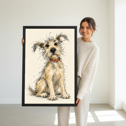 Scruffy Terrier Canvas Wall Art held in a black frame by a standing woman in white.