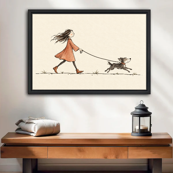 Woman Walking Dog Canvas Wall Art framed above a wood console with linen and lantern.
