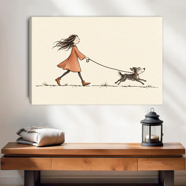 Woman Walking Dog Canvas Wall Art unframed above a wood console with linen and lantern.