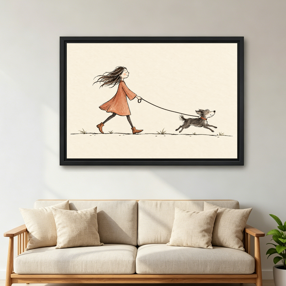 Woman Walking Dog Canvas Wall Art framed above a cream sofa with wooden arms.
