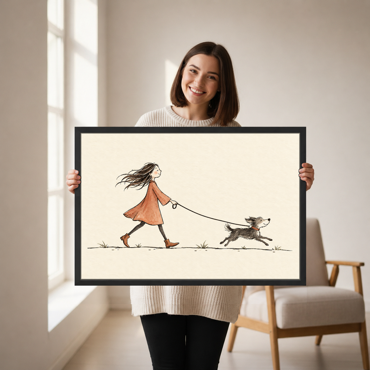 Woman Walking Dog Canvas Wall Art held in a black landscape frame by a standing woman.