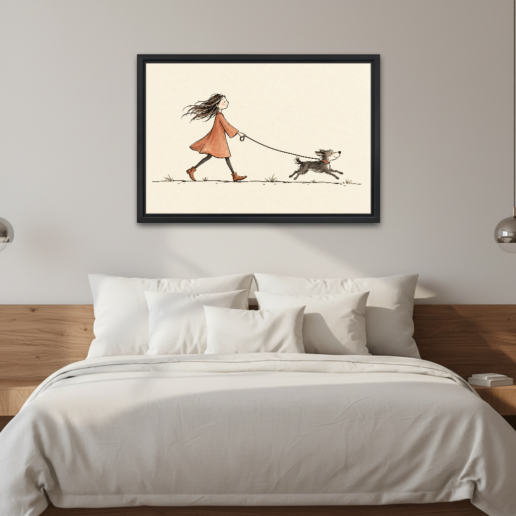 Woman Walking Dog Canvas Wall Art framed above white bedding and a warm wood headboard.