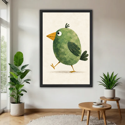 Walking Green Bird Canvas Wall Art framed above a wood table with green plants.