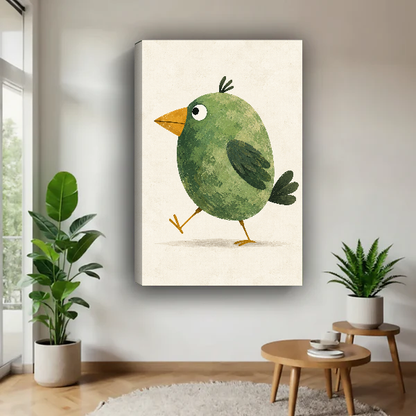 Walking Green Bird Canvas Wall Art unframed above a wood table with green plants.
