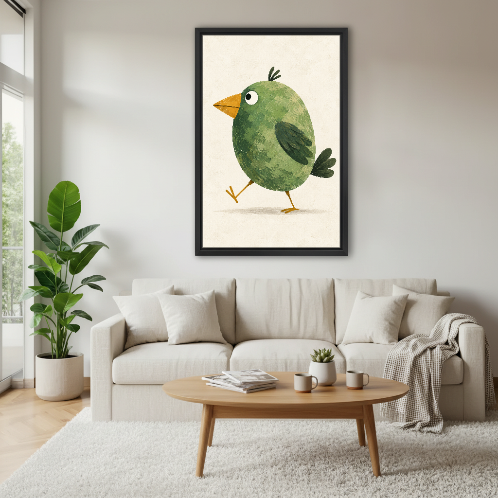 Walking Green Bird Canvas Wall Art framed above a white sofa and round coffee table.