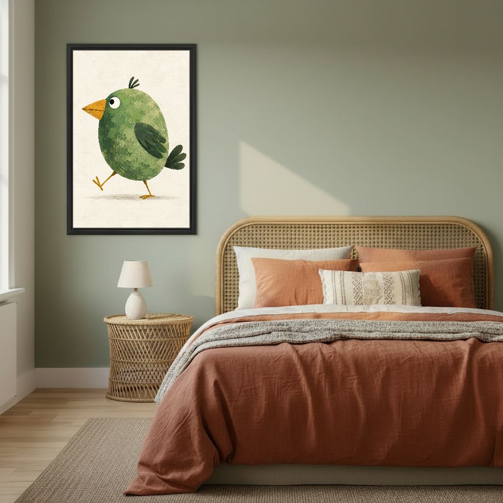 Walking Green Bird Canvas Wall Art framed above copper bedding against a muted olive wall.