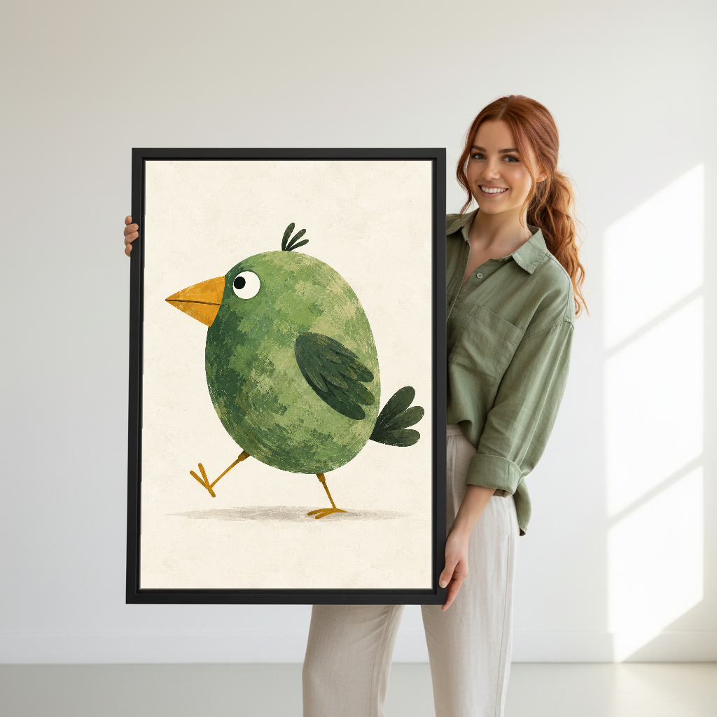 Walking Green Bird Canvas Wall Art held in a black frame by a woman wearing green.