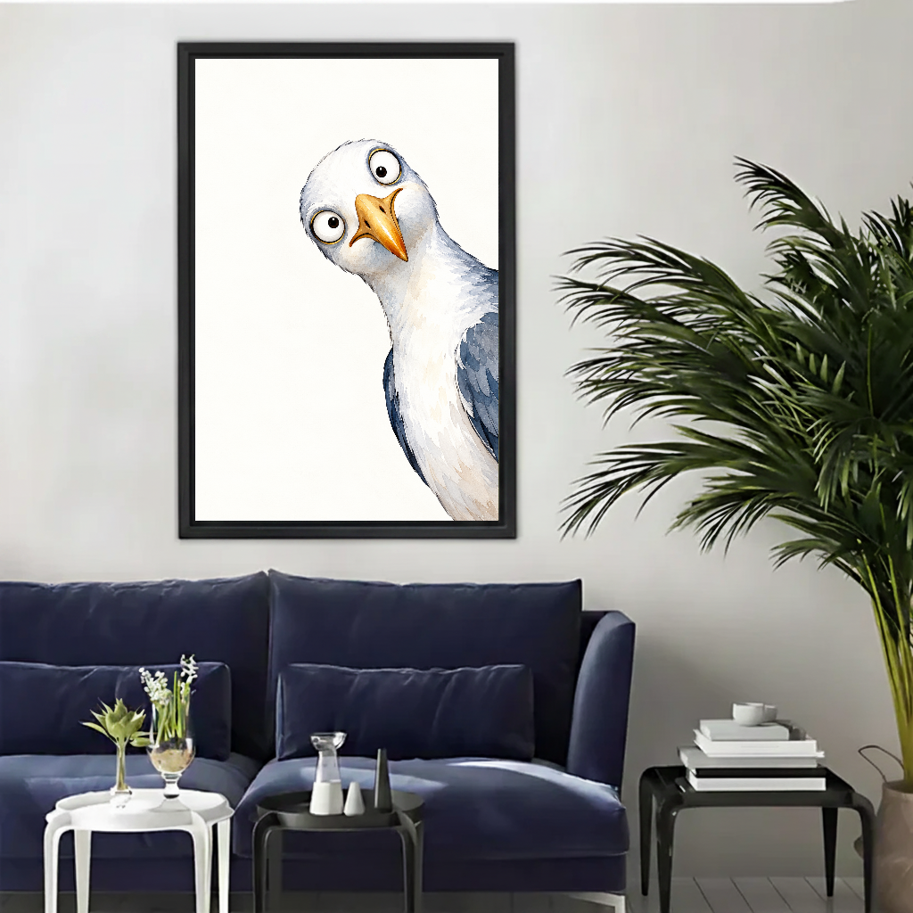 Curious Seagull Canvas Wall Art framed above a navy sofa with palm and side tables.