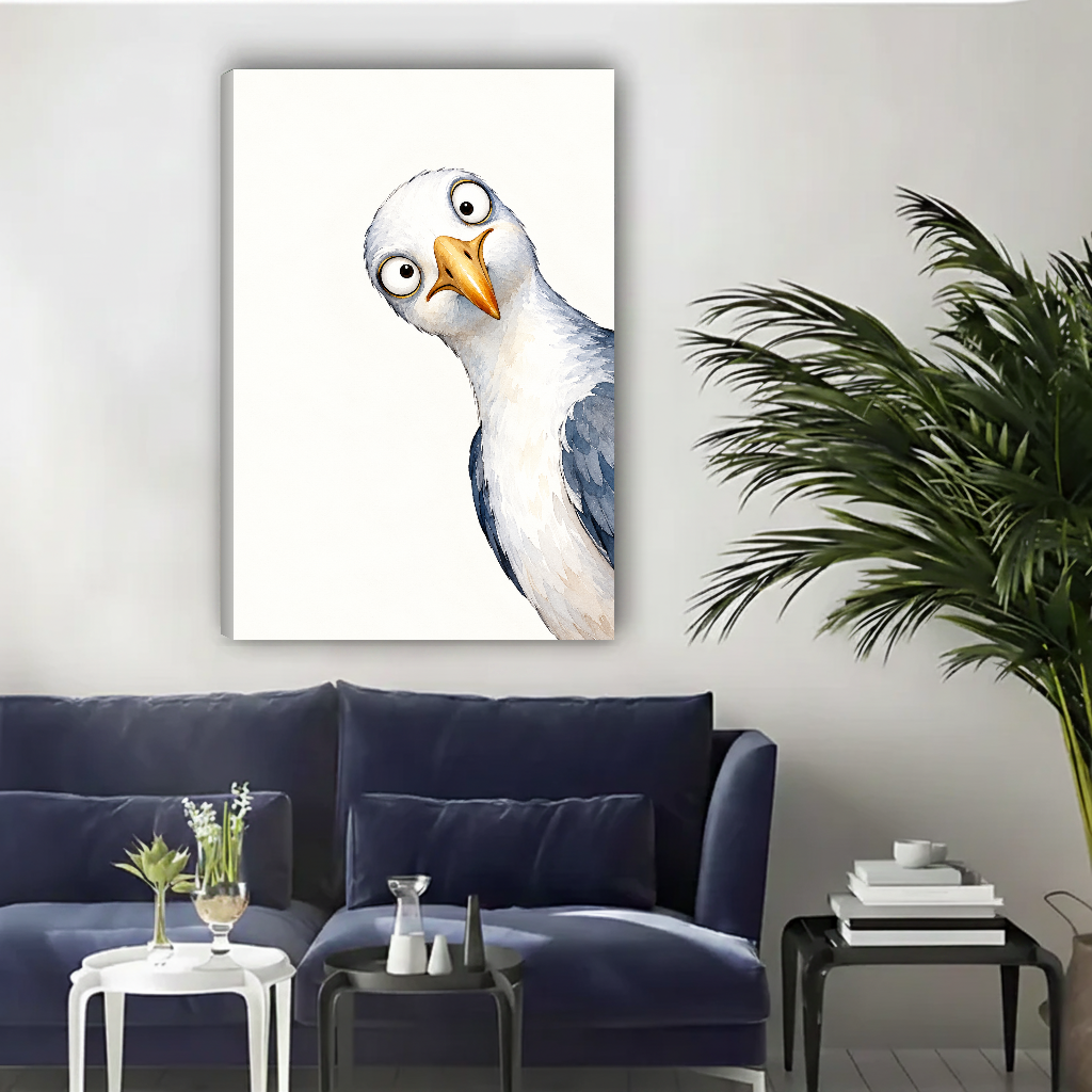 Curious Seagull Canvas Wall Art unframed above a navy sofa beside a leafy palm.
