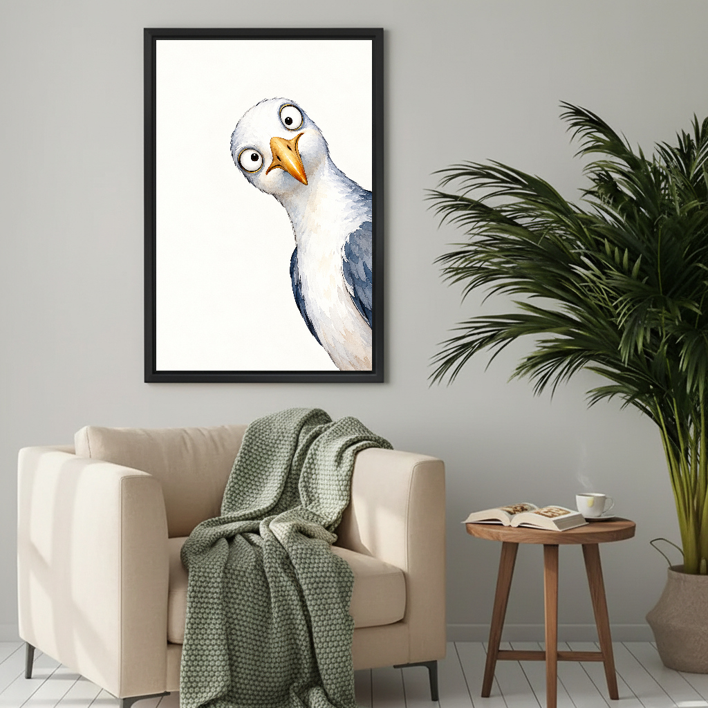 Curious Seagull Canvas Wall Art framed above a cream armchair with green throw.