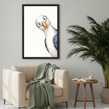 Curious Seagull Canvas Wall Art framed above a cream armchair with green throw.