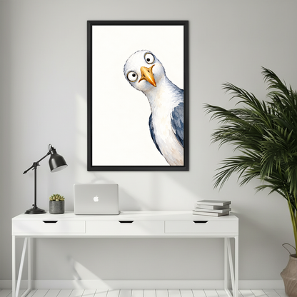 Curious Seagull Canvas Wall Art framed above a white desk with laptop and task lamp.