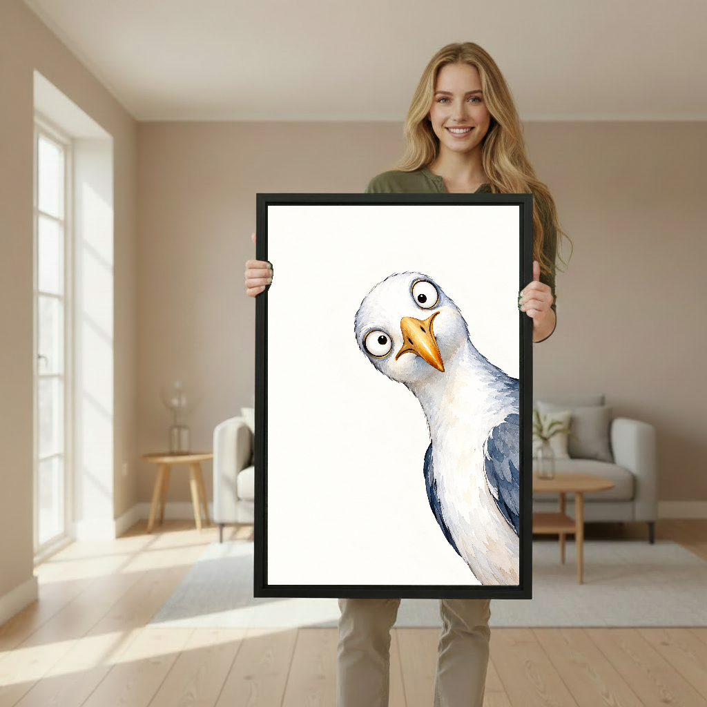 Curious Seagull Canvas Wall Art held in a black portrait frame by a standing woman.