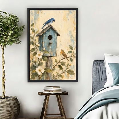 Garden Birdhouse Canvas Wall Art framed beside blue bedding, a leafy plant, and books.