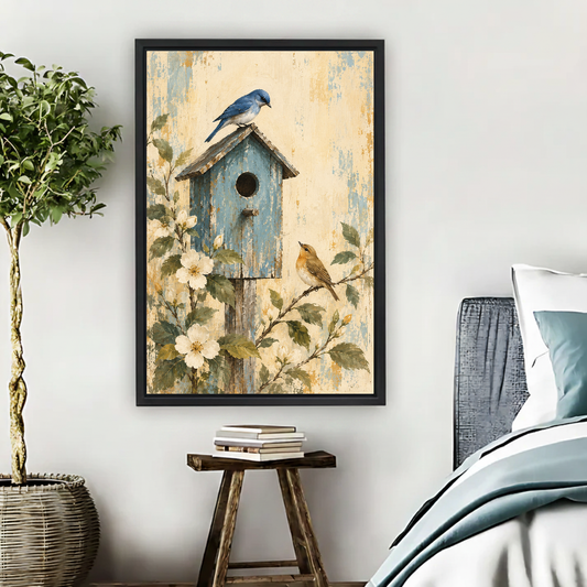 Garden Birdhouse Canvas Wall Art framed beside blue bedding, a leafy plant, and books.