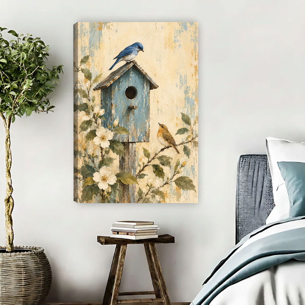 Garden Birdhouse Canvas Wall Art unframed beside blue bedding and a leafy plant.