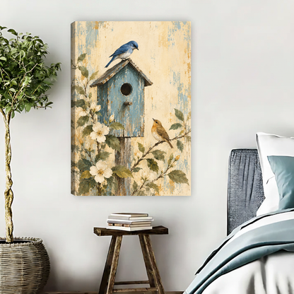 Garden Birdhouse Canvas Wall Art unframed beside blue bedding and a leafy plant.