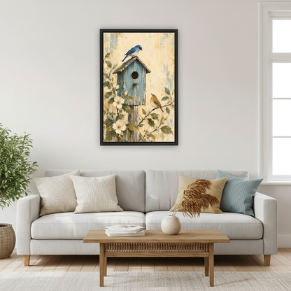 Garden Birdhouse Canvas Wall Art framed above a pale gray sofa and wood table.