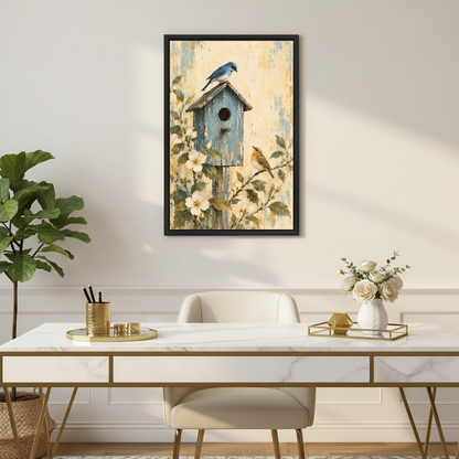 Garden Birdhouse Canvas Wall Art framed above a white desk with flowers and chair.