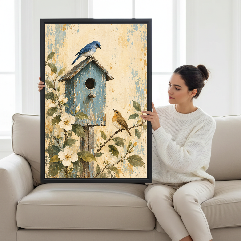 Garden Birdhouse Canvas Wall Art held by a seated woman on a pale sofa.