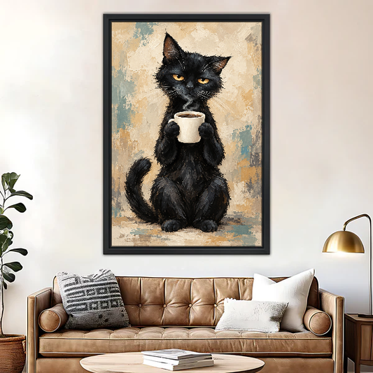Black Cat Coffee Canvas Wall Art framed above a brown leather sofa and brass lamp.