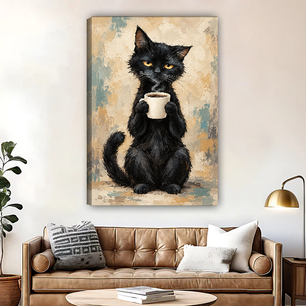 Black Cat Coffee Canvas Wall Art unframed above a brown leather sofa and brass lamp.