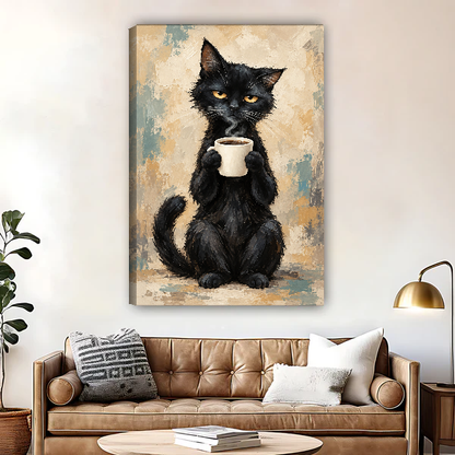 Black Cat Coffee Canvas Wall Art unframed above a brown leather sofa and brass lamp.