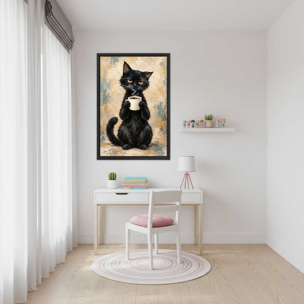 Black Cat Coffee Canvas Wall Art framed above a white study desk with pink chair.