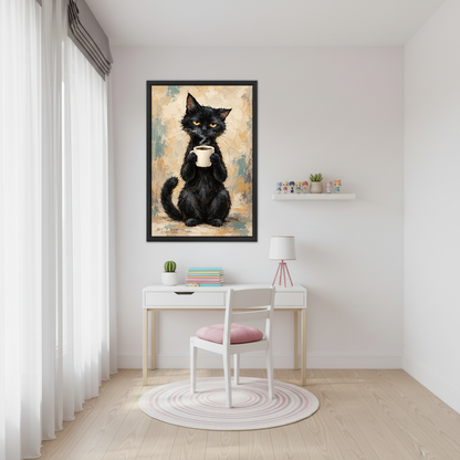 Black Cat Coffee Canvas Wall Art framed above a white study desk with pink chair.