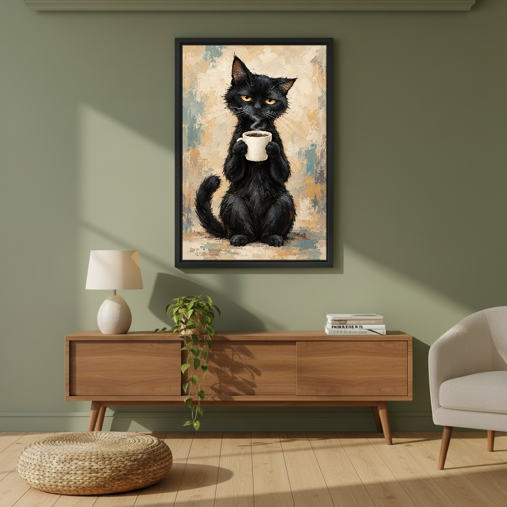 Black Cat Coffee Canvas Wall Art framed above a wood console against an olive wall.