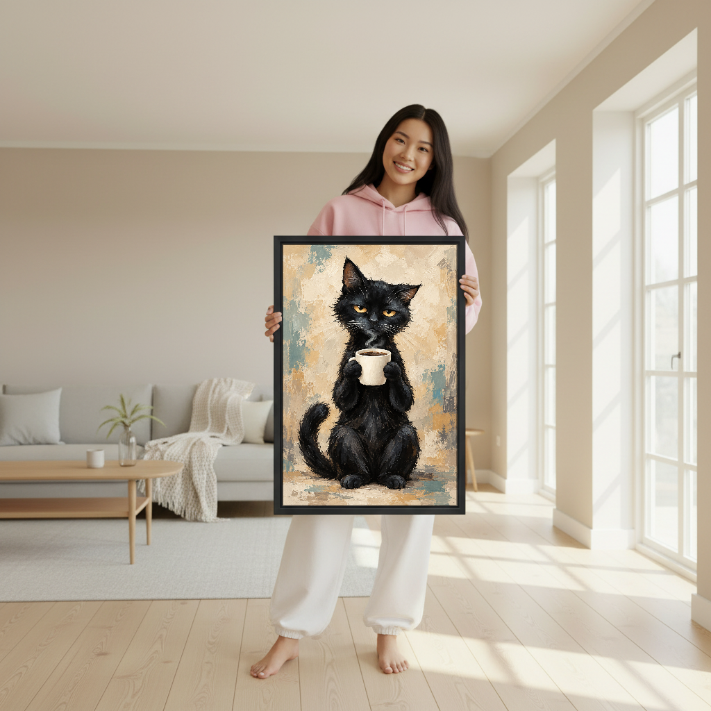 Black Cat Coffee Canvas Wall Art held in a black frame by a woman wearing pink.