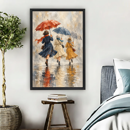Rainy Day Friends Canvas Wall Art framed beside blue bedding, a leafy plant, and books.