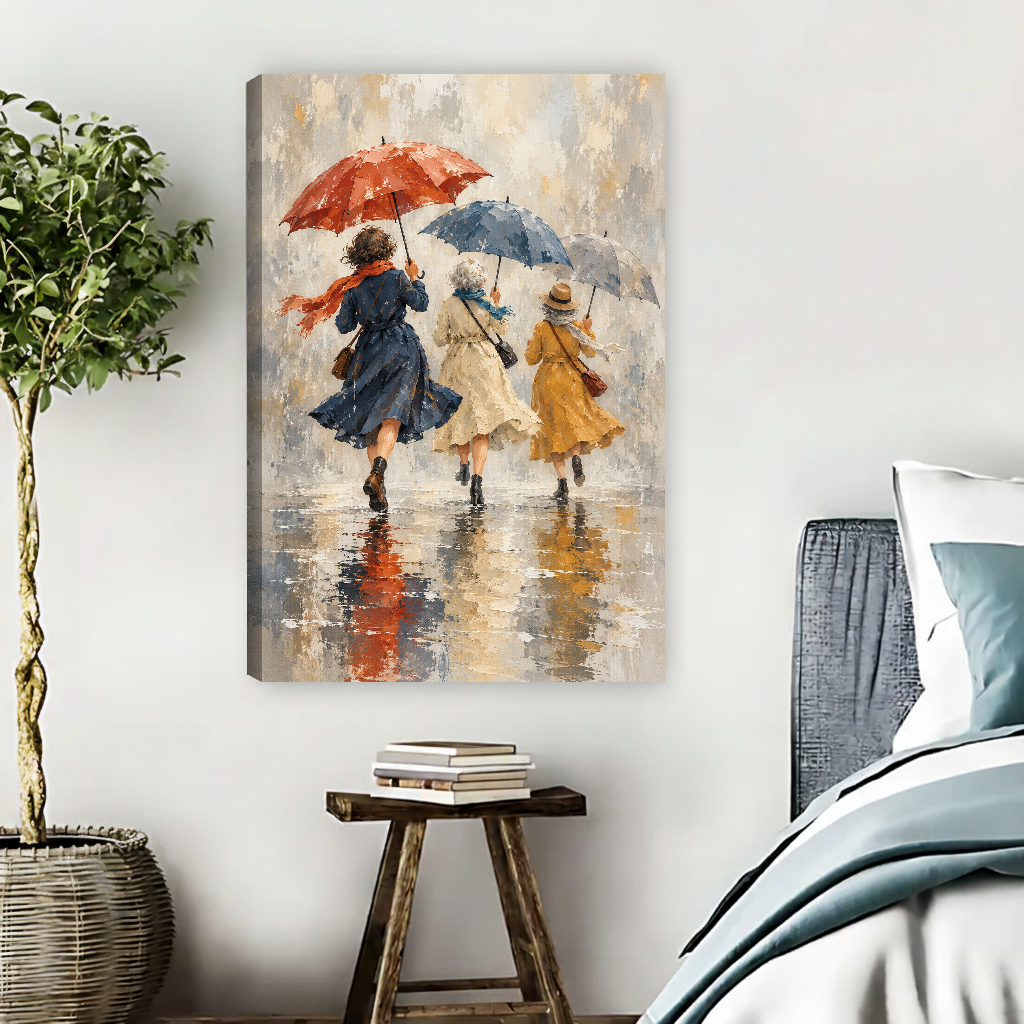 Rainy Day Friends Canvas Wall Art unframed beside blue bedding and a leafy plant.