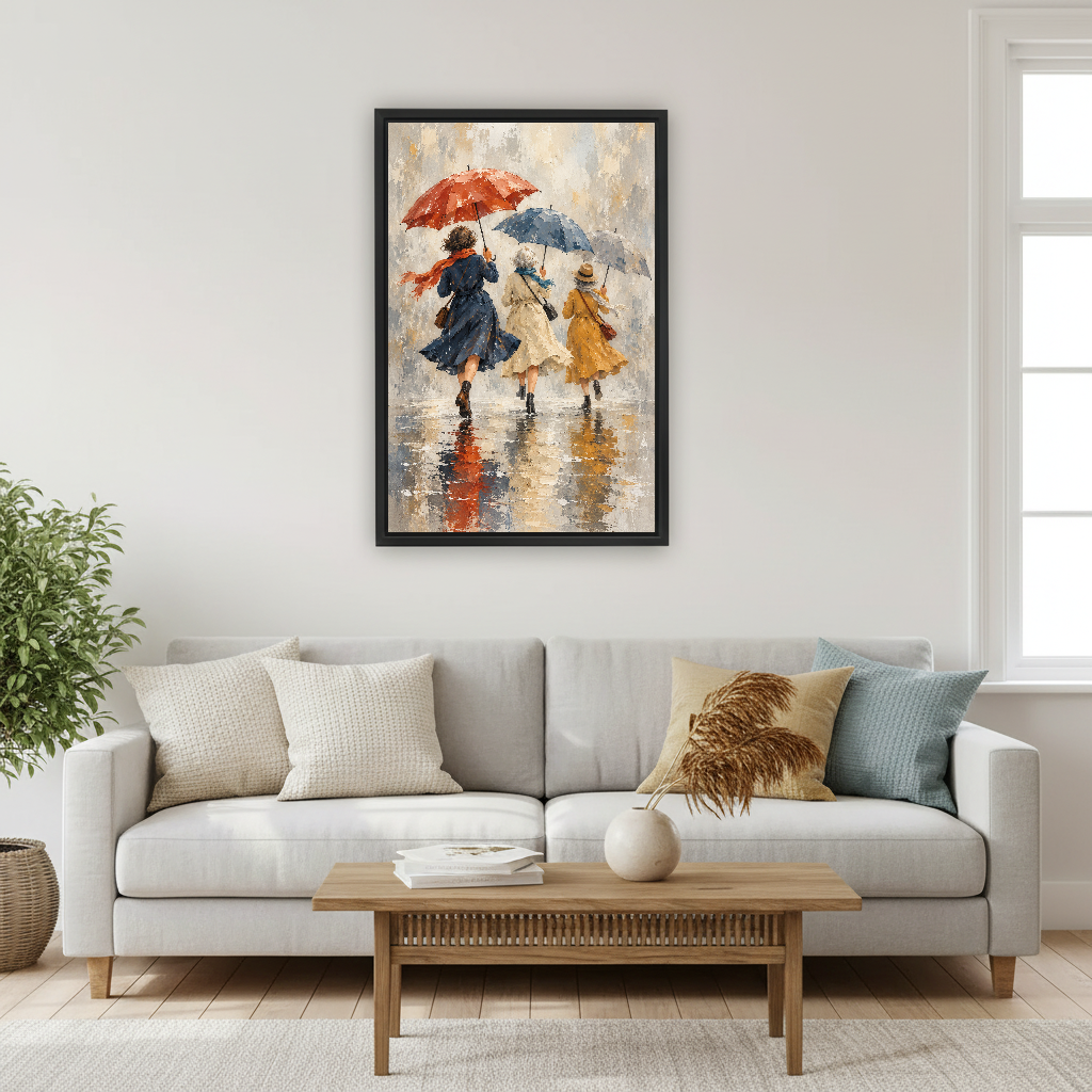 Rainy Day Friends Canvas Wall Art framed above a pale gray sofa and wood table.