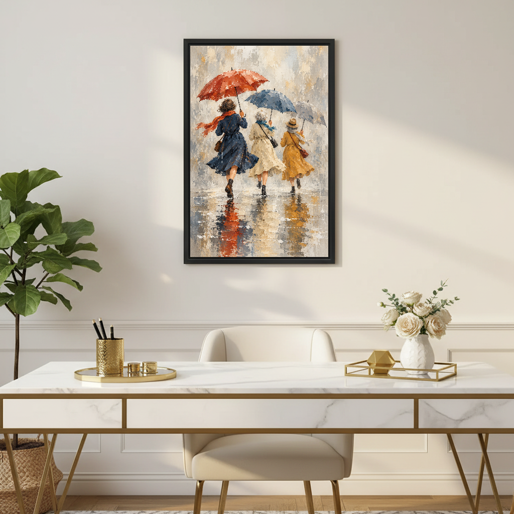 Rainy Day Friends Canvas Wall Art framed above a white desk with flowers and chair.