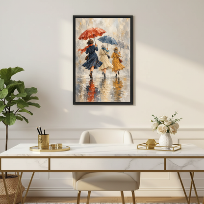 Rainy Day Friends Canvas Wall Art framed above a white desk with flowers and chair.