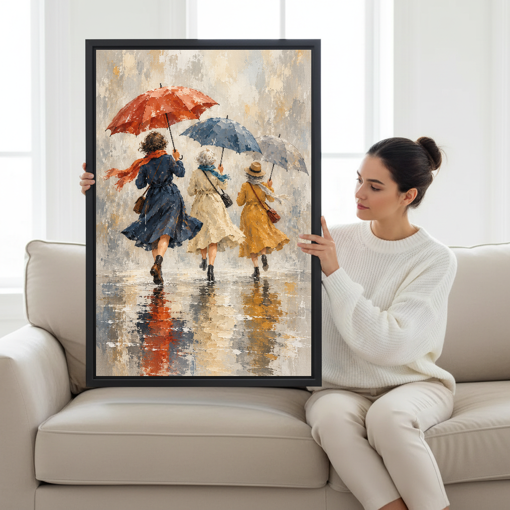 Rainy Day Friends Canvas Wall Art held by a seated woman on a pale sofa.