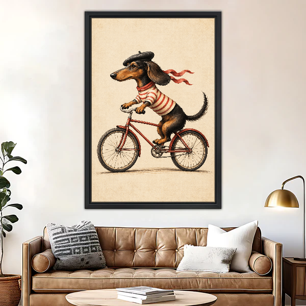 Cycling Dachshund Canvas Wall Art framed above a brown leather sofa and brass lamp.