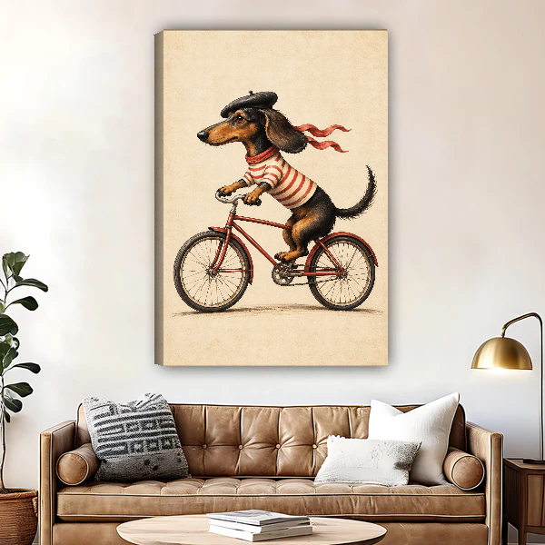 Cycling Dachshund Canvas Wall Art unframed above a brown leather sofa and brass lamp.