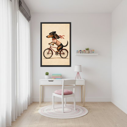 Cycling Dachshund Canvas Wall Art framed above a white study desk with pink chair.
