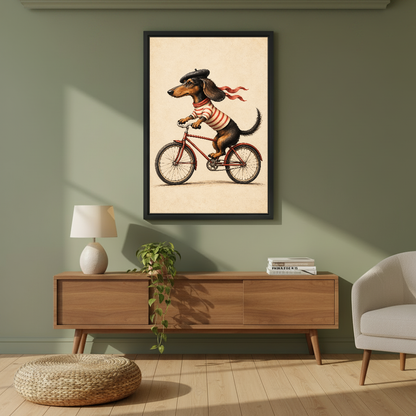 Cycling Dachshund Canvas Wall Art framed above a wood console against an olive wall.