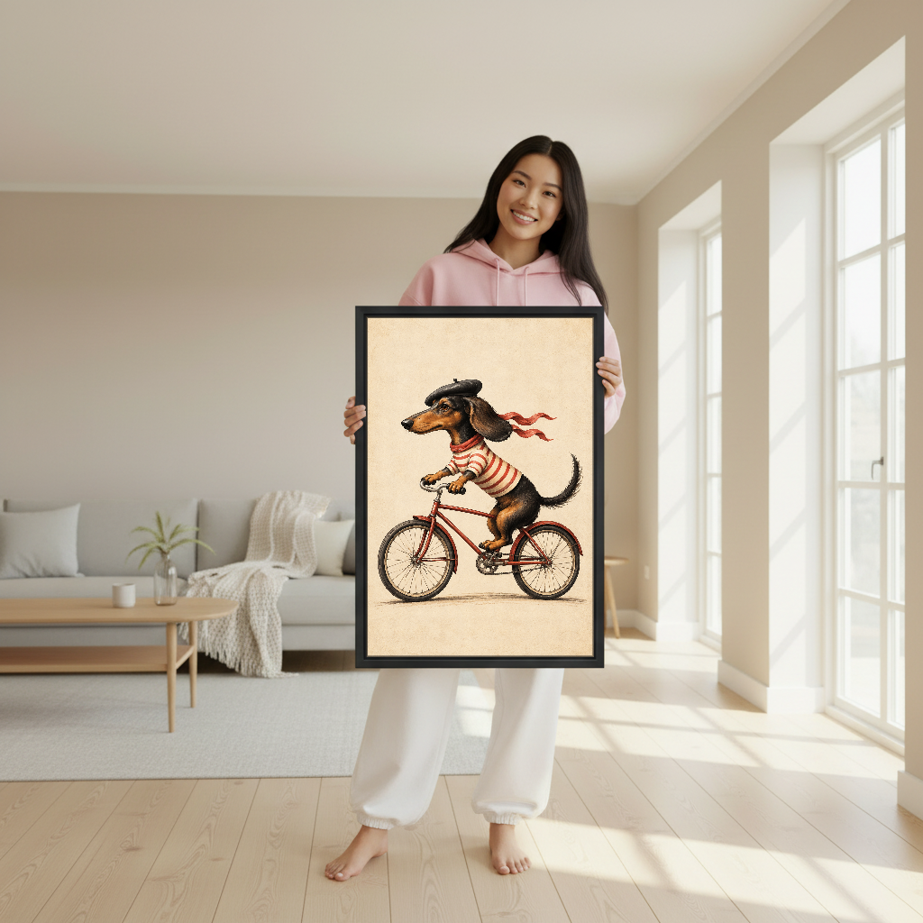 Cycling Dachshund Canvas Wall Art held in a black frame by a woman wearing pink.